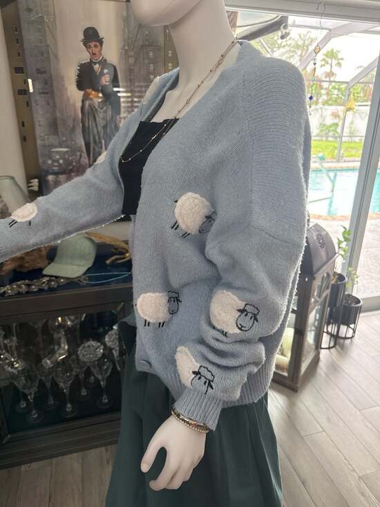 Love Change Italy Sweaters - Love Change Italy Blue Sheep Embroidered Knit V-Neck Cardigan Sweater